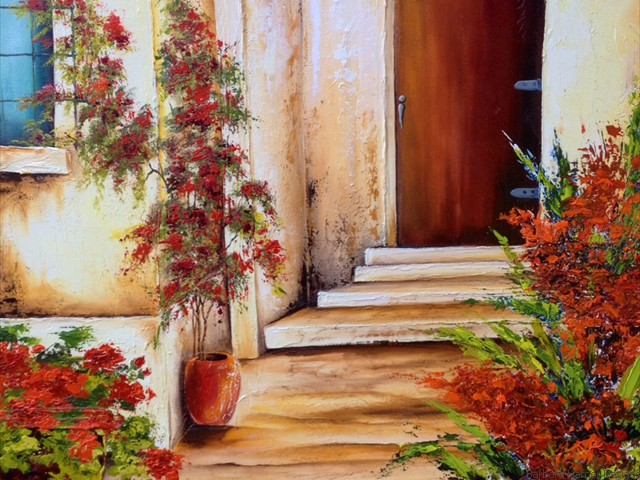 Spanish Courtyard<br/>36" x 36"<br/>Maxine Gillilan